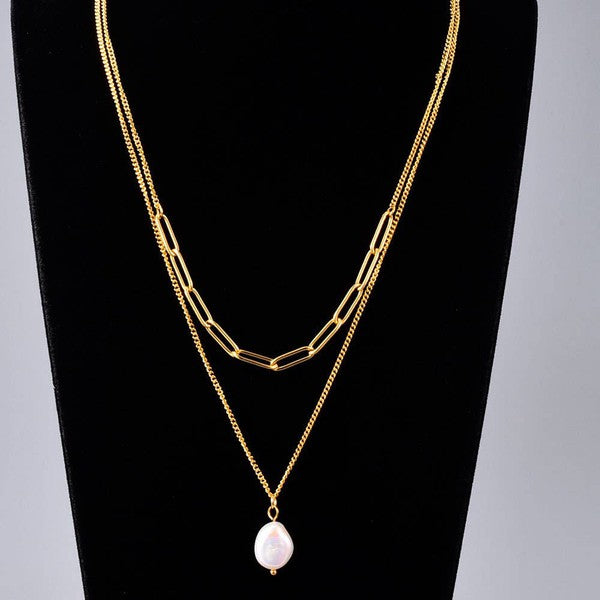 18K Gold Pearl Double Chain Necklace