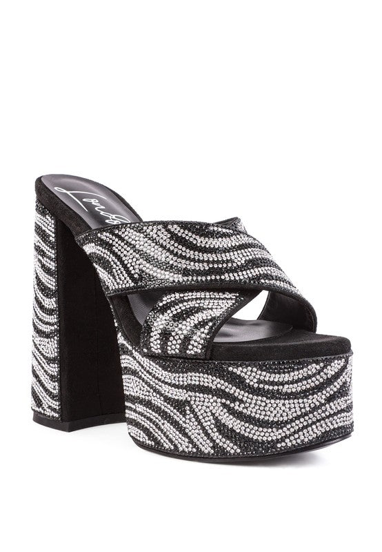 Sinful High Platform Patterned Diamante Slides