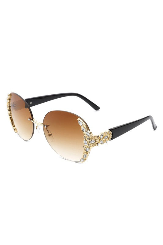 Women Rimless Round Rhinestone Oversize Sunglasses