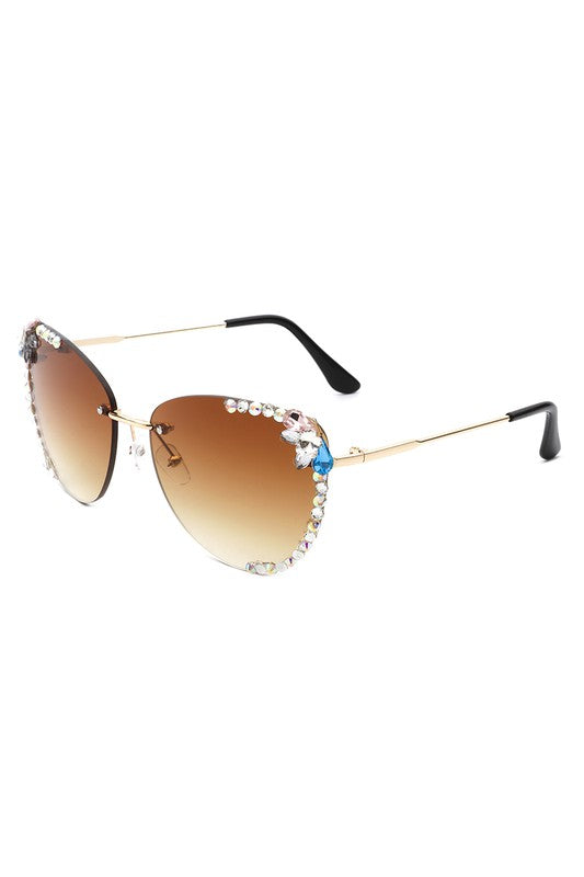 Rimless Rhinestone Fashion Cat Eye Sunglasses