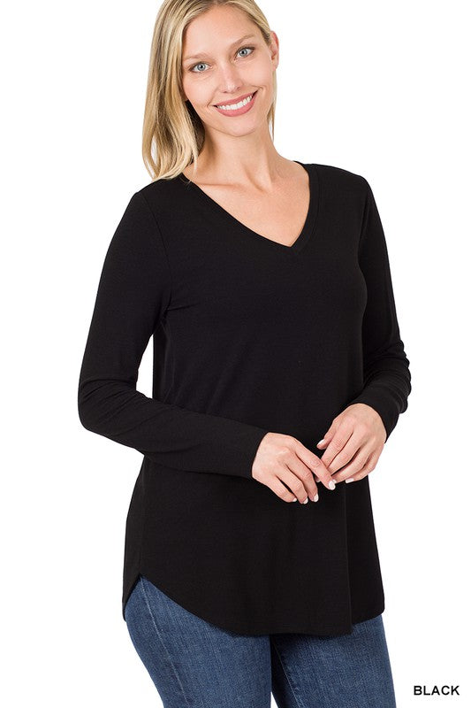 Long Sleeve V-Neck Round Hem Top