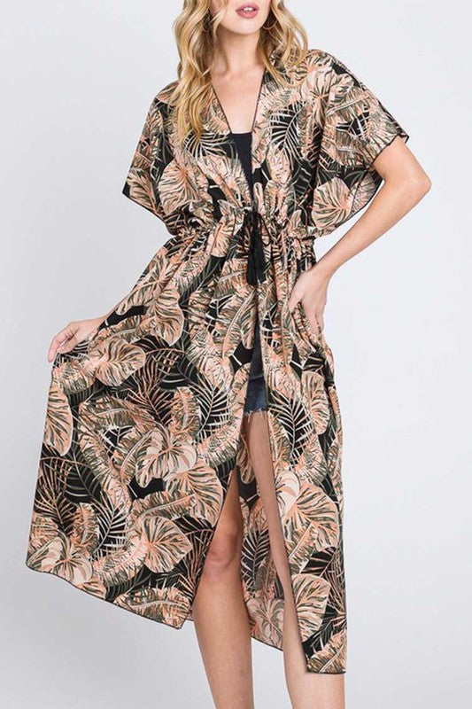 Tropical Print Long Kimono Duster Cardigan