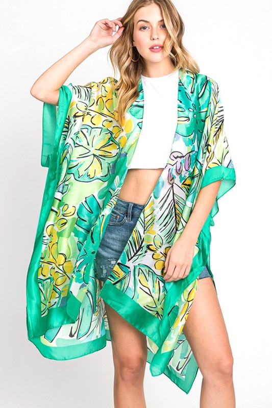 Tropical Leaf Print Silky Kimono Cover UP