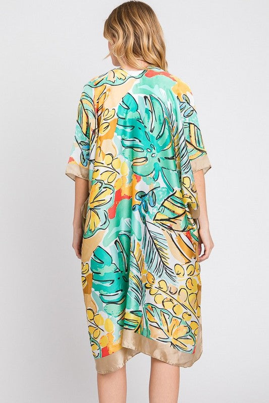 Tropical Leaf Print Silky Kimono Cover UP