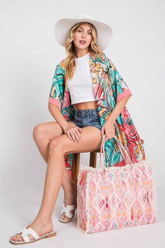 Tropical Leaf Print Silky Kimono Cover UP