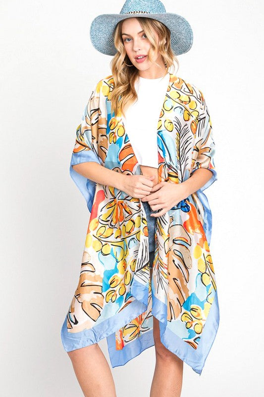 Tropical Leaf Print Silky Kimono Cover UP