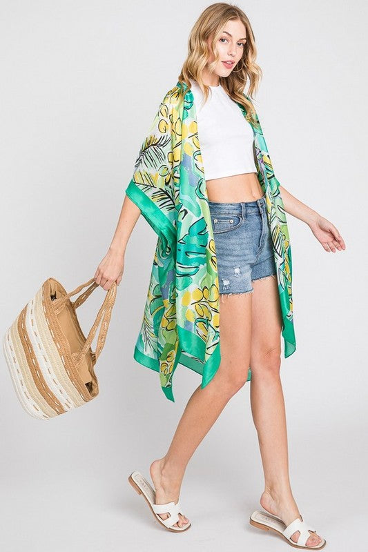 Tropical Leaf Print Silky Kimono Cover UP