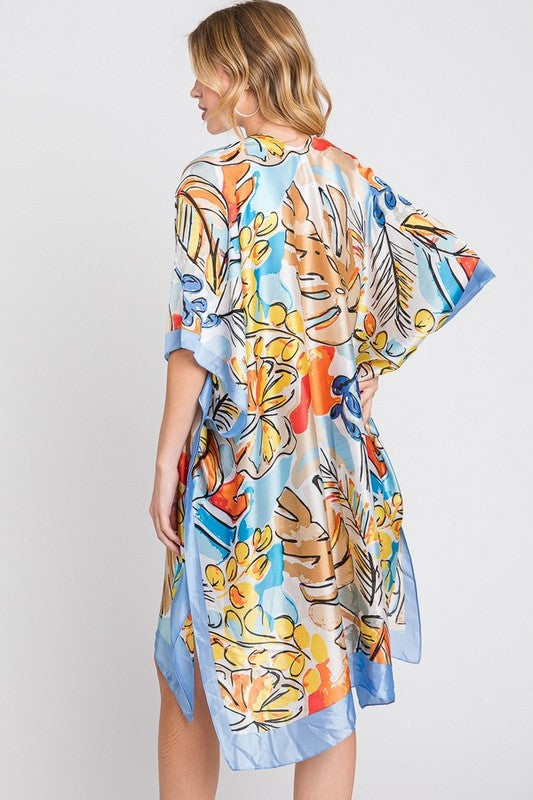 Tropical Leaf Print Silky Kimono Cover UP