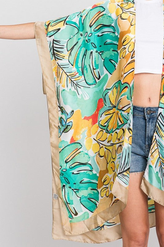 Tropical Leaf Print Silky Kimono Cover UP