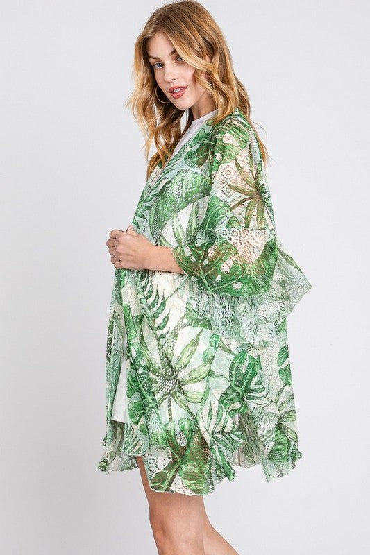 Tropical Leaf Printed Lace Kimono Cardigan