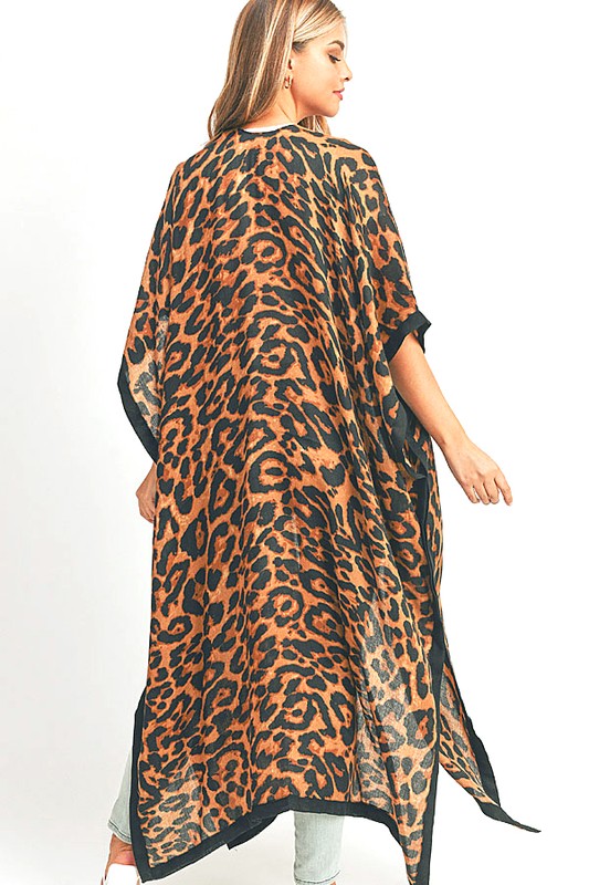 Leopard Printed Extra Long Kimono Duster Cardigan