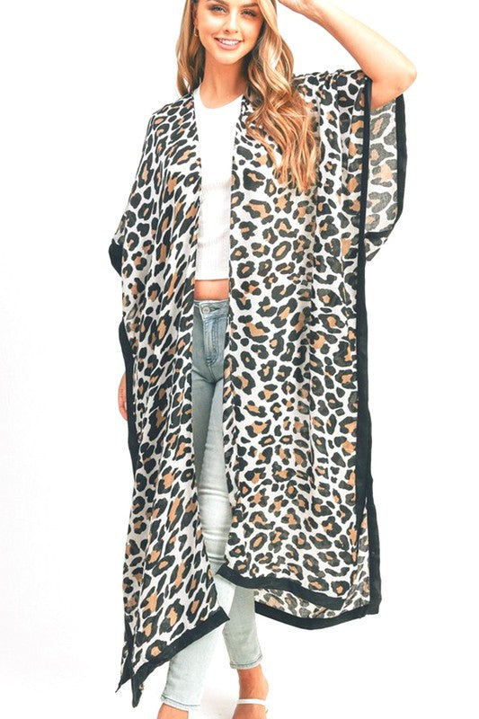 Leopard Printed Extra Long Kimono Duster Cardigan