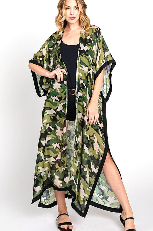 Camouflage Print Extra Long Kimono Duster Cardigan