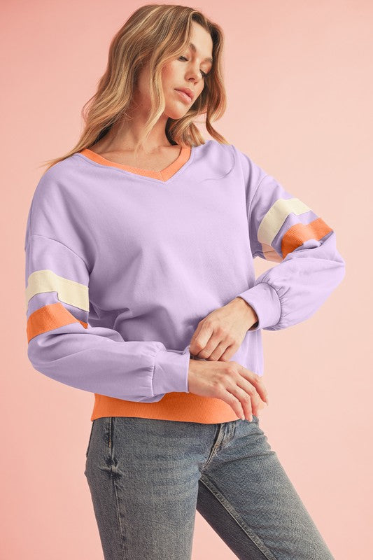 Rib Patchwork Drop Shoulder V Neck Sweatshirt