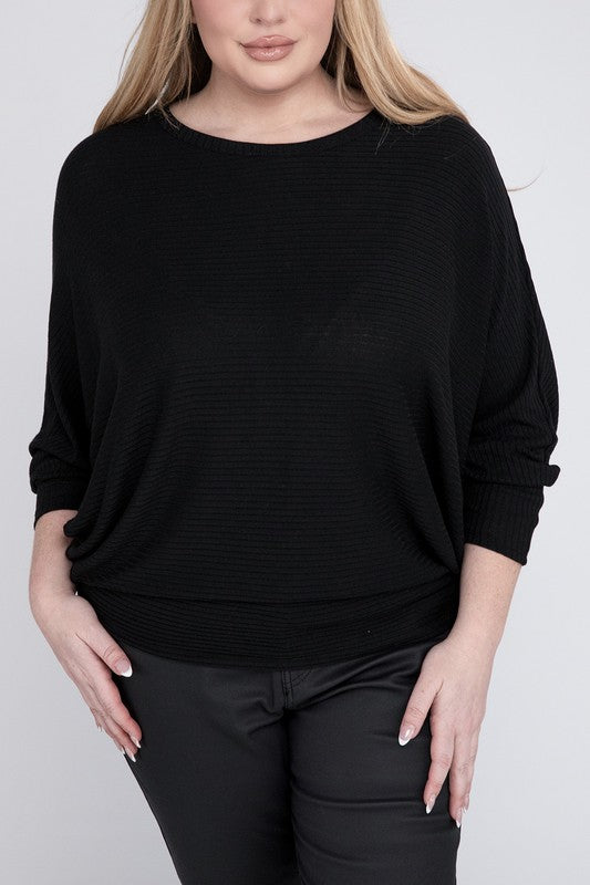 Plus Ribbed Batwing Long Sleeve Boat Neck Sweater