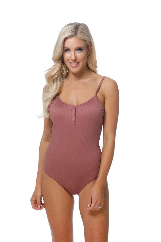 SOLID RIPPBED ONE PIECE SWIMSUIT WITH BUTTON