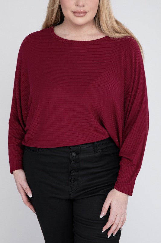 Plus Ribbed Batwing Long Sleeve Boat Neck Sweater