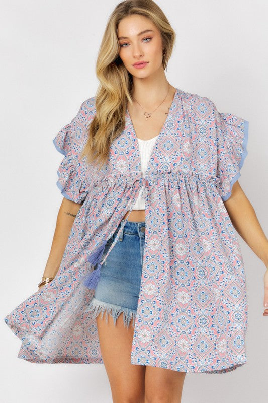 Printed Short Sleeve Ruffle Kimono