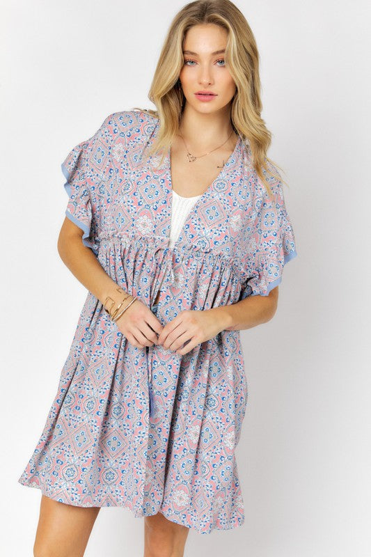 Printed Short Sleeve Ruffle Kimono